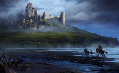 Running to castle, warrior, coast, fantasy art