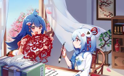 Traditional dress, anime girls, writing