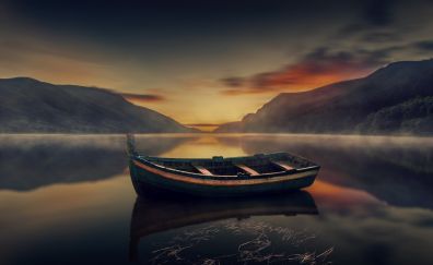 Sunset, boat, lake, nature, mountains