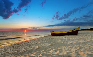 Boat, sand, beach, sunset, clouds