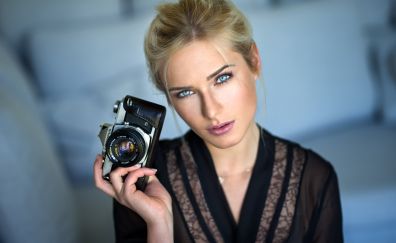 Camera, black dress, blue eyes, girl model