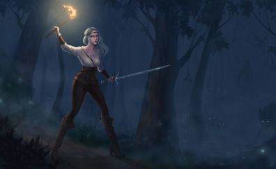 The witcher 3: wild hunt, video game, dark, forest, ciri, girl warrior, art