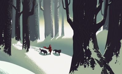 Little red riding hood, walk, wolf, forest, art