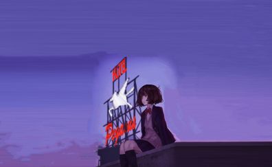 Anime girl, sign board, sitting, original