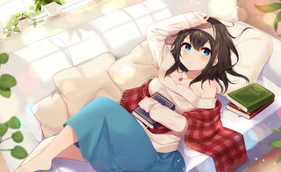 Fumika Sagisawa, cute anime, books, lying down