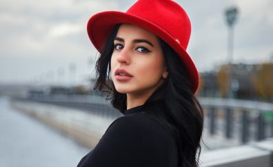 Girl model, long hair, red hat