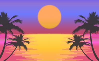 Palm trees, sun, vector, artwork, 8k