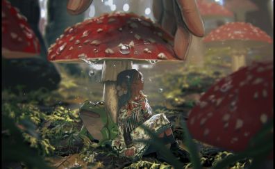 Small girl, frog, mushroom, fantasy art
