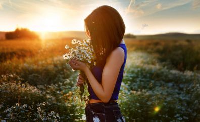 Meadow, sunlight, girl model, flowers