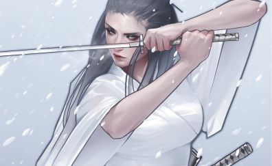Ninja, girl warrior, white dress, katana, art