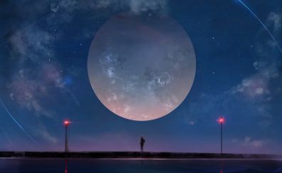 Big moon, anime girl, night, outdoor, 4k