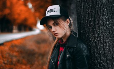 Outdoor, girl model, leather jacket