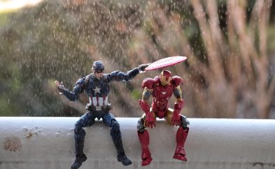 Captain America, Iron man, rain, figure, toy
