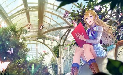Cute anime girl, at botanical garden, blonde