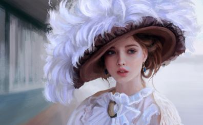 Girl, feathers hat, art
