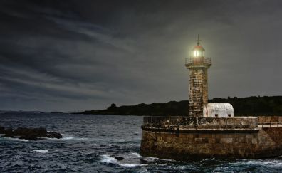 Lighthouse, coast portugal, ocean, night