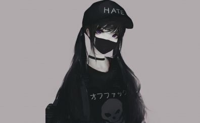 Black hair anime girl, mask, art