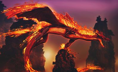 Dragon on fire, fantasy, 4k