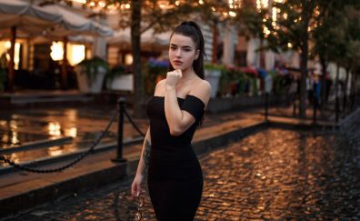Girl with tattoo, street, black dress