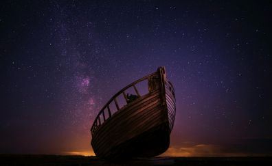 Wreck old Boat, night, stars, nature, 4k