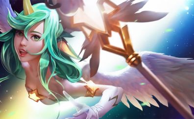 Soraka, green hair, league of legends, art, angel warrior