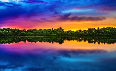 Colorful, skyline, sunset, lake, trees, reflections, nature, clouds