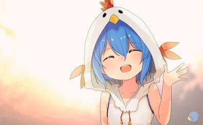 Cute, blue hair, anime girl, smile, hoodie