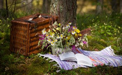 Book, basket, holiday, picnic, flowers