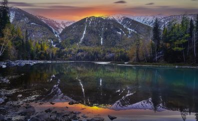 Mountains, forest, lake, reflections, sunset
