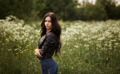 Meadow, plants, jacket, jeans, girl model