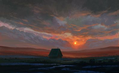 Sunset, lone house, fantasy, landscape