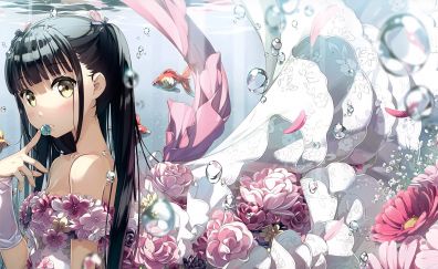 Underwater, flowers, anime girl, original, 4k