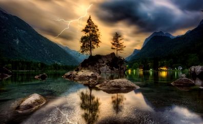 clouds, lightning, sunset, nature, lake, rocks
