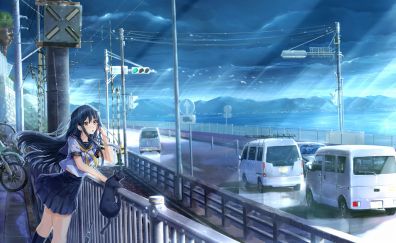 School girl, anime, roadside view