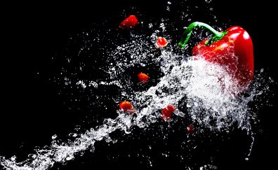 Water splashes, vegetables, peppers, 4k