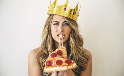 Girl model, eating, pizza, food, crown