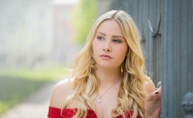 Looking away, blonde, girl model, red dress