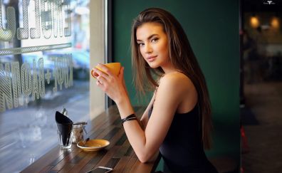 Beautiful, smile, girl model, brunette, drinking tea