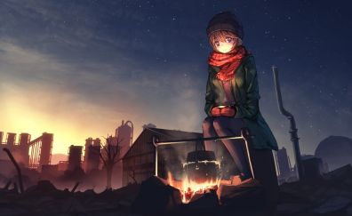 Cute, girl, night out, fire, anime
