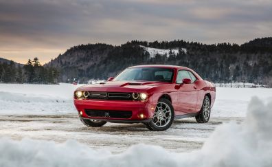 Dodge Challenger SRT, red muscle car, front view