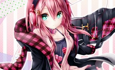 Green eyes, cute, anime girl, pink hair, original