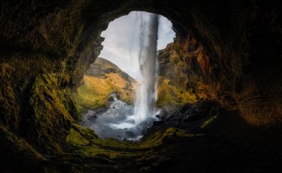 Mountains, cave, nature, waterfall