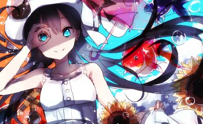 Beautiful, anime girl, flowers, fishes