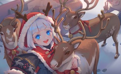 Santa, anime girl, reindeer, christmas, holiday
