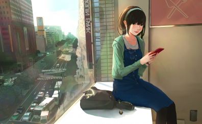 Original, anime girl, sitting at balcony