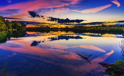 Lake, sunset, reflections, nature, colorful sky, 5k