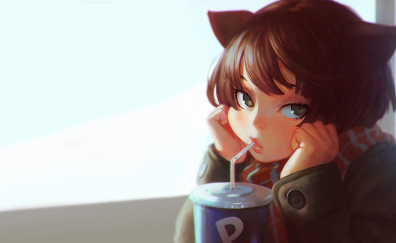 Cute anime girl drinking coffee
