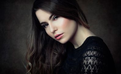 Cute face of brunette, girl, black dress, model