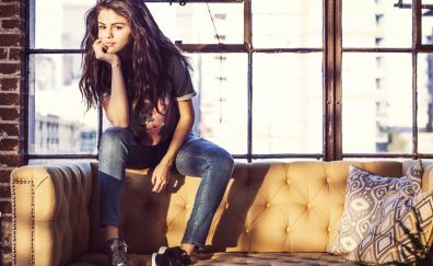 Selena Gomez, singer, sit, sofa, celebrity