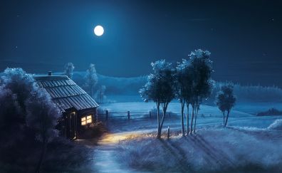Night, moon, house, landscape, art